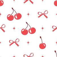 Bright red cherry and bow seamless pattern. Valentines print. Vintage trendy cute girly background. Modern print for wrapping paper, holiday decor, packaging, fabric, textile vector