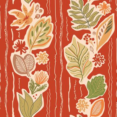 Autumn striped floral leaves seamless pattern. Artistic hand drawn vertical lines, fall foliage, flowers background. Harvest garden wallpaper, organic nature, botanical textile design, print