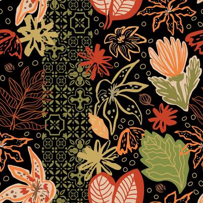 Autumn floral leaves and ethnic tiles ornament. Hand drawn fall botanical seamless pattern with geometric Mediterranean elements on the black background. Fashion design fabric, textile, wallpaper.