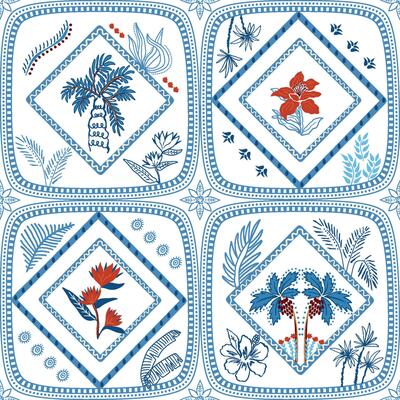 Blue summer ceramic tile seamless pattern with tropical palm tree, jungle flowers, leaves, geometric square elements. Cute beach background, rhombus ornament, botanical exotic textile design, safari