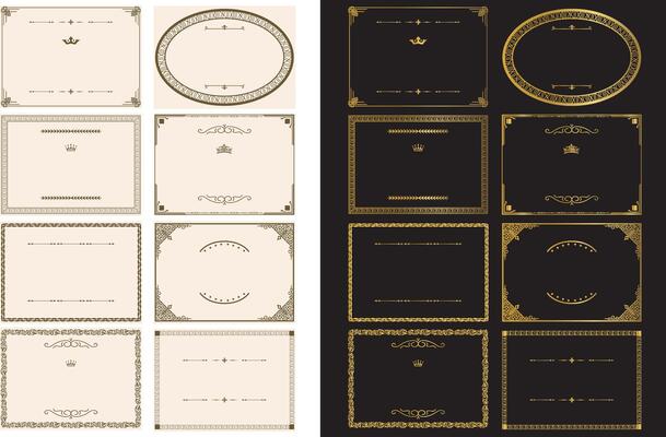 Ornamental label frames. Ornate, ornament, decoration and vintage frames, retro badges, royal, wedding, sale stickers, invitations, gold frames set