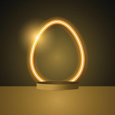 Podium Easter background design. Gold egg frame. Empty round podium