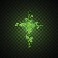 Cross neon sign. Christian icon design with leaf. vector