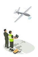 Military engineers operating an advanced UAV system with real-time data monitoring to support defense technology development and aerial surveillance missions vector