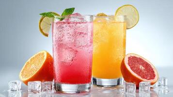 Refreshing Citrus and Berry Soft Drinks with Ice and Fruit Garnish on White Background photo