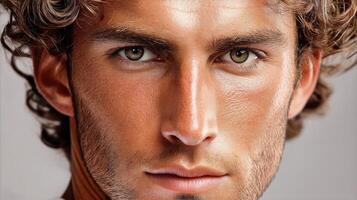 A close-up portrait of an attractive man with curly hair and hazel eyes photo