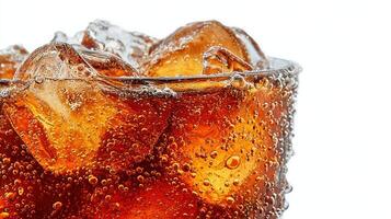 Close-Up of Fizzy Cola with Ice Cubes in Glass on White Background photo