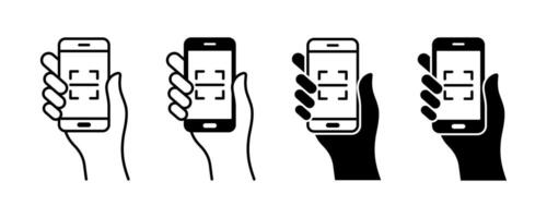 Scan qr code icon set. Scanning code sign. Scanning code process icon. QR code scanning in smartphone screen signs vector