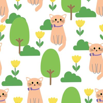 Seamless pattern cute cartoon cat with flowers and tree . cute animal drawing wallpaper and background