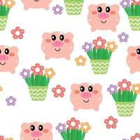 Seamless pattern cute cartoon piggy and flowers in pots . cute animal drawing wallpaper and background vector
