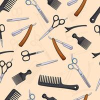 Hand drawn seamless pattern of barber tools, different scissors, pick comb, razor, thinner, alligator hairclip and more vector