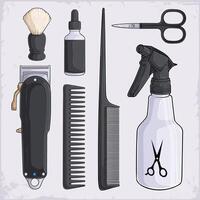 Hand drawn set of hairdressing tools, tail comb, eyebrow scissors, clipper, serum bottle, spray bottle and more vector