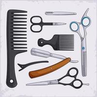 Hand drawn set of barber equipment, scissors, pick comb, razor, thinner, alligator hairclip and more vector