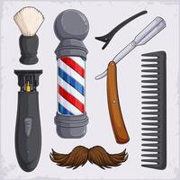 Hand drawn collection of barber tools, cordless trimmer, detangling comb, moustache, razor, barbers pole, shaving brush, alligator hairclip vector