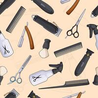 Hand drawn seamless pattern of barber tools, tail comb, eyebrow scissors, clipper, serum bottle, spray bottle and more vector