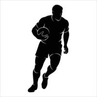 Silhouette of a male rugby player holding a rugby ball while in motion. vector