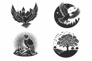 Majestic Eagle Set Vintage Wilderness Bird Illustrations with Cityscape, Nature, and Night Sky Elements vector