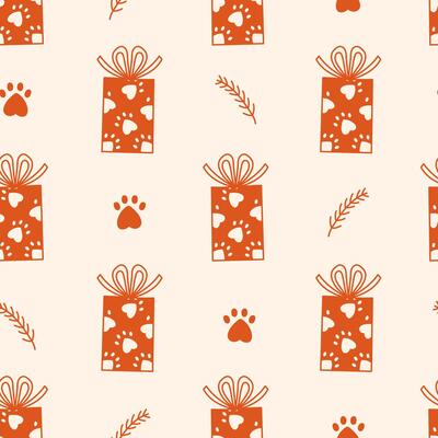 Gift Box with Paw Print Seamless Pattern
