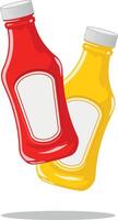 Color illustration of two bottles with sauces, red with ketchup and yellow with mustard, both with blank labels, without background vector