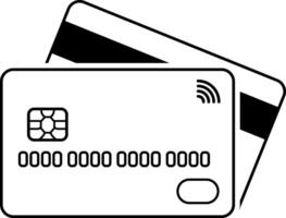 Minimalistic black icon of two overlapping bank or credit cards with chip and contactless symbol, isolated on white, no background vector