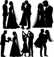 Set of black silhouette illustrations showing bride and groom in romantic wedding poses holding hands, kissing, dancing, and carrying vector