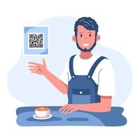 Barista with QR code and coffee vector