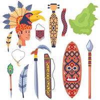 Indigenous artifacts and traditional weapons collection vector