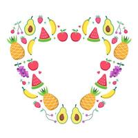 heart-shaped fresh fruit frame.illustration heart frame with various fresh fruit vector