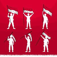 silhouette of Indonesian soldiers holding the Indonesian flag vector