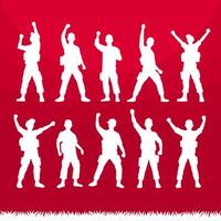 silhouette of soldiers celebrating independence with red and white background vector