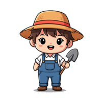 Chibi character profession boy farmer. Cute kid in a straw hat working on a farm. Agriculture mascot illustration. png