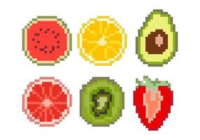 Pixel Art Fruit Icons Collection Watermelon Orange Avocado Grapefruit Kiwi and Strawberry in Retro Style for Game UI and Digital Art Assets vector