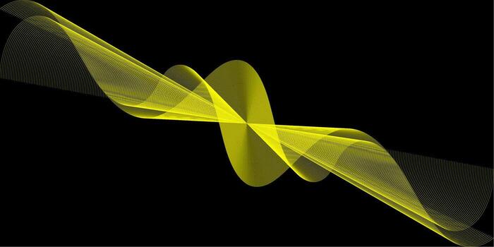 Bright yellow abstract wave lines forming a dynamic, flowing shape on a solid black background, creating a futuristic and energetic visual effect. vector