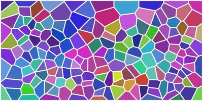 Colorful mosaic pattern made of irregular polygonal tiles with white borders, featuring a variety of bright and vibrant colors in a stained-glass style. vector