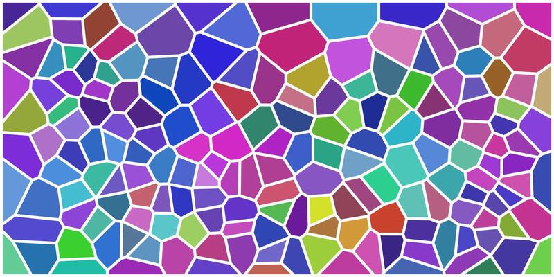 Colorful mosaic pattern made of irregular polygonal tiles with white borders, featuring a variety of bright and vibrant colors in a stained-glass style.