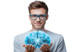 Smiling IT Specialist Holding Digital Brain with Microchip. AI and Technology Concept. png