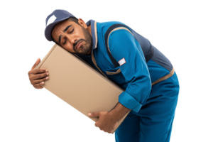 Exhausted delivery worker sleeping on cardboard package box. Overworked courier in blue uniform showing workplace fatigue and burnout concept for labor rights campaigns. png