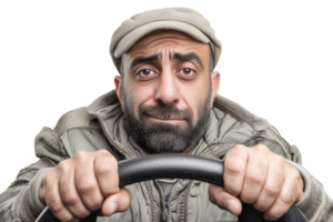 Anxious bearded man in flat cap gripping steering wheel with worried expression. png