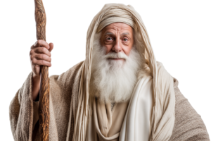 Wise Elderly Biblical Prophet with Flowing White Beard and Staff. Ancient Wisdom. png