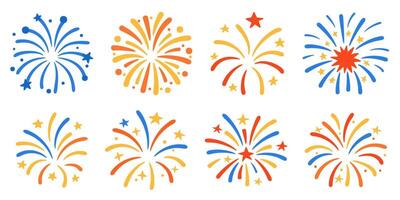 Horizontal banner with red yellow blue cartoon fireworks isolated on transparent background vector
