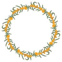 Hand-Drawn Sea Buckthorn Wreath with Orange Berries and Green Leaves in a Delicate Botanical Design vector