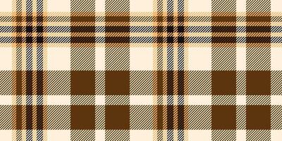 Seamless brown, beige, and black tartan plaid pattern with bold diagonal stripes. Geometric checkered design for fabric, wallpaper, or digital backgrounds. repeatable textile texture vector
