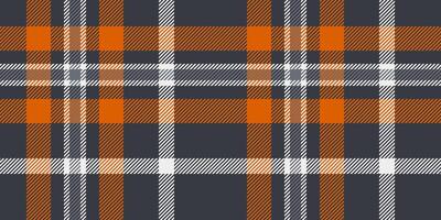 Seamless dark gray, orange, and white tartan plaid pattern with bold diagonal stripes. Geometric checkered design for fabric, wallpaper, or digital backgrounds. repeatable textile texture. vector