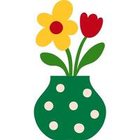 Cartoon green vase with polka dots and yellow red flowers flat floral illustration vector