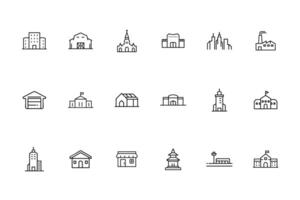 Line art building icons set including church barn factory skyscraper airport outline vector