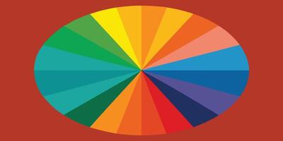 Prismatic radial design colorful isosceles triangles arranged in a circular pattern on a red vector