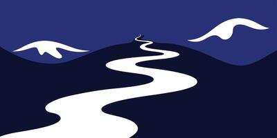 River flowing through dark blue mountains with cloud-like shapes in a minimalist vector
