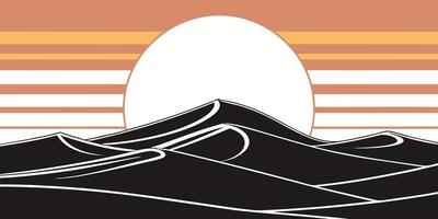 Silhouette sand dunes with a large sun against an orange brown striped sky desert vector
