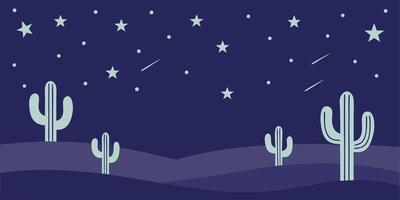 Stylized desert night scene with cacti stars shooting stars in shades blue green vector
