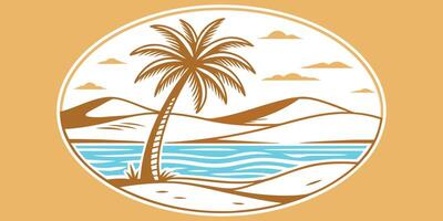 Stylized desert oasis with palm tree water sand dunes in a circular frame vector